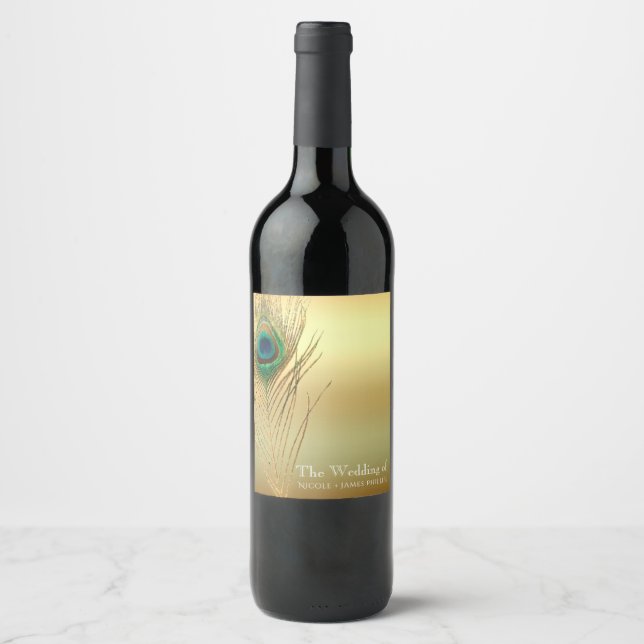 Påfågelsfjäder Guld Exotiska Boho Chic Vin Etikett (Framsida)