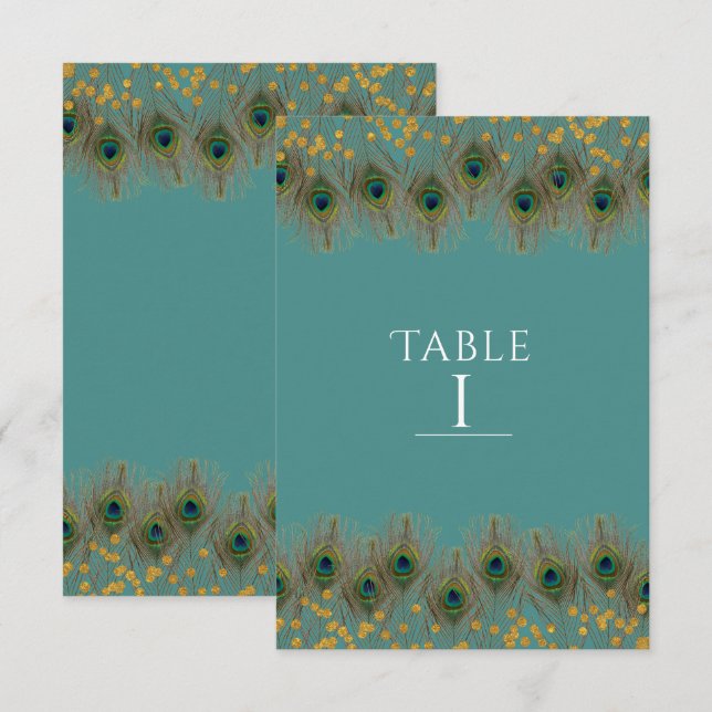 Påfågelsfjäder & Guld VALFRI FÄRG Bordskort (Fram/baksida)