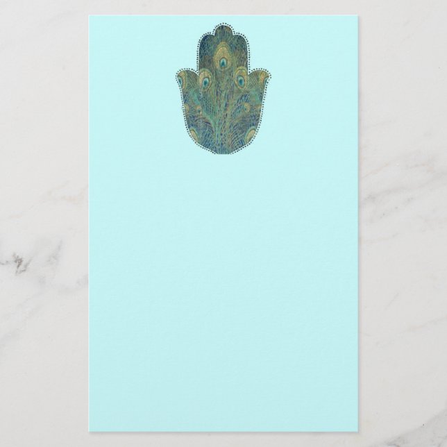 Påfågelsfjäder Hamsa  Boho Judaica Brevpapper (Framsida)