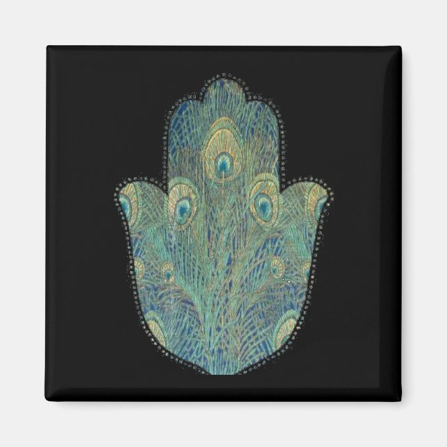 Påfågelsfjäder Hamsa  Boho Judaica Magnet (Framsidan)