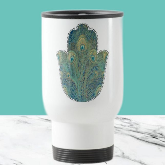 Påfågelsfjäder Hamsa Boho Judaica Resemugg (Skapare uppladdad)