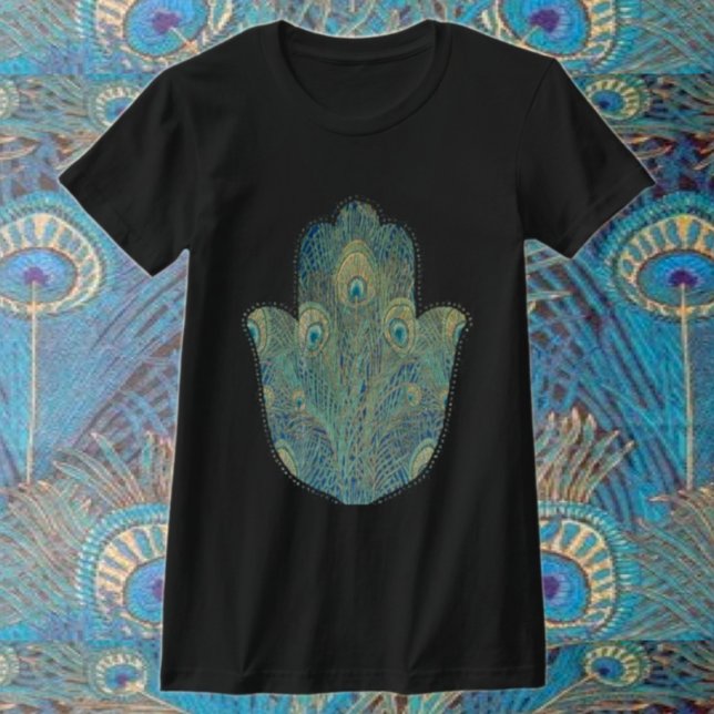 Påfågelsfjäder Hamsa Boho Judaica Tee Shirt (Skapare uppladdad)