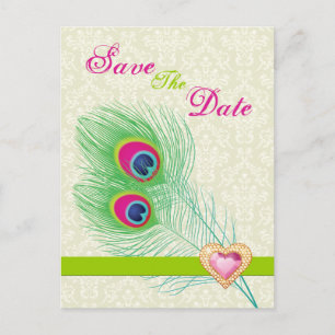 Påfågelsfjäder juvel hjärta bröllop Save the Date Meddelande Vykort