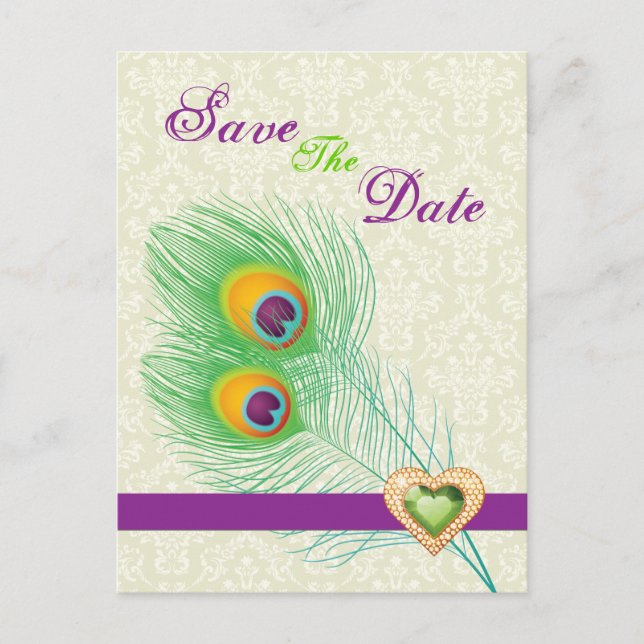 Påfågelsfjäder juvel hjärta bröllop Save the Date Meddelande Vykort (Framsida)
