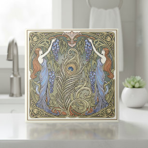 Påfågelsfjäder och Muses Art Nouveau-mönster #4 ID Kakelplatta