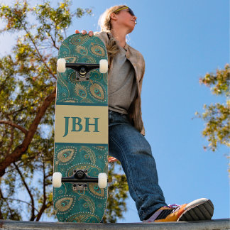 Påfågelsfjäder Paisley Teal Guld Vintage Namn Mini Skateboard Bräda 18,5 Cm