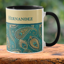 Påfågelsfjäder Paisley Teal Guld Vintage Namn Mugg