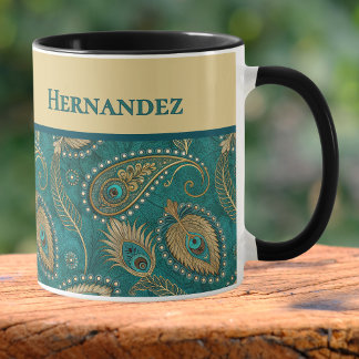 Påfågelsfjäder Paisley Teal Guld Vintage Namn Mugg