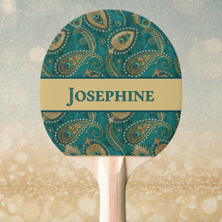 Påfågelsfjäder Paisley Teal Guld Vintage Namn Pingisracket