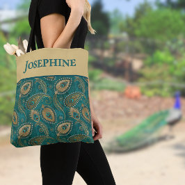 Påfågelsfjäder Paisley Teal Guld Vintage Namn Tygkasse