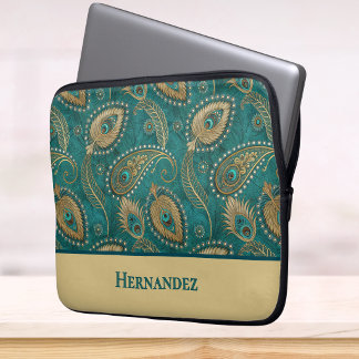 Påfågelsfjäder Paisley Turkos Guld Vintage Namn Laptop Fodral