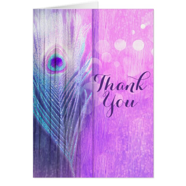 Påfågelsfjäder Rosa & Blå Boho Chic Tack OBS Kort (Framsidan)