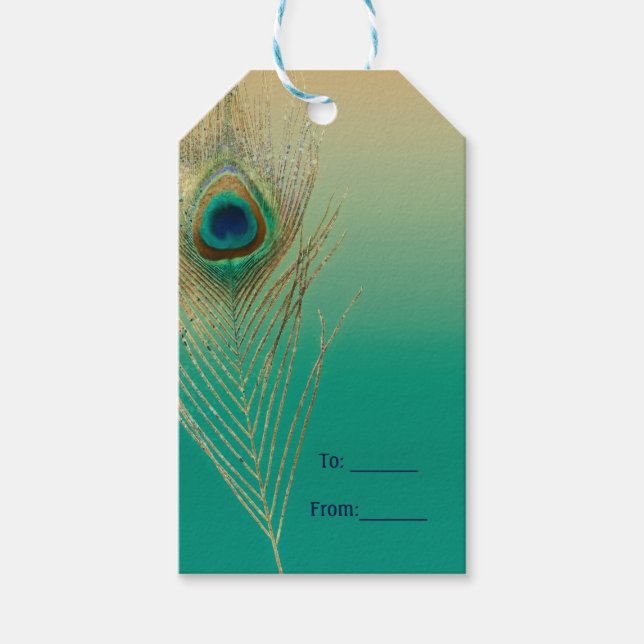 Påfågelsfjäder Sand och Teal Boho Glam Förmån Presentetikett (Framsidan)