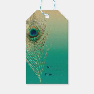 Påfågelsfjäder Sand och Teal Boho Glam present Presentetikett