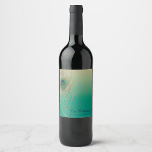 Påfågelsfjäder Sand och Teal Boho-vinsetiketter Vinflaska Etikett