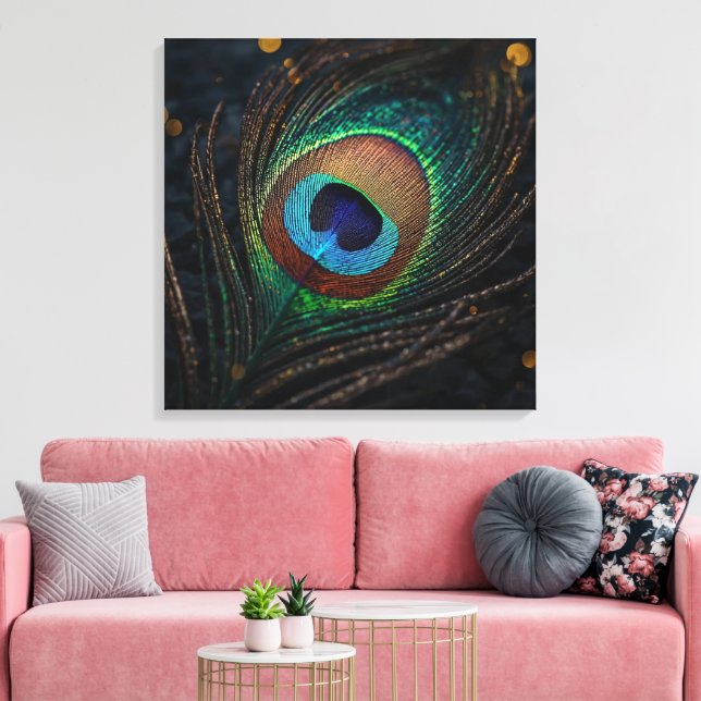 Påfågelsfjäder Väggkonst – Elegant Boho Natur Canvastryck (Insitu (Vardagsrum))