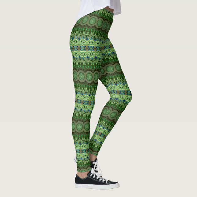 Påfågelsfjädermandala Smaragd och blå symmetri Leggings (Höger)