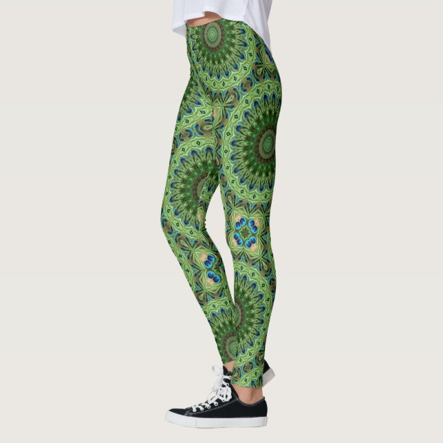 Påfågelsfjädermandala Smaragdgrön och blå symmetri Leggings (Vänster)