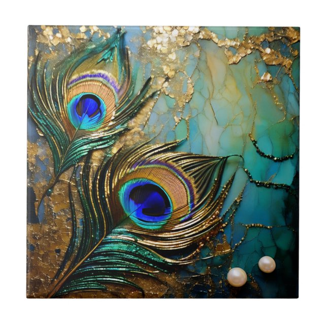 Påfågelsfjäderrosetter marmorerad pärlfärgad falsk kakelplatta (Framsidan)