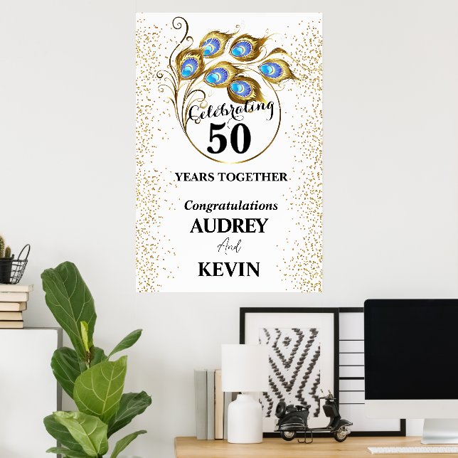 Påfågelsfjädrar 50-års bröllopsjubileum Poster (Hemmakontoret)