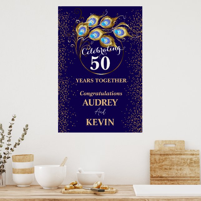 Påfågelsfjädrar 50-års bröllopsjubileum poster (Kök)