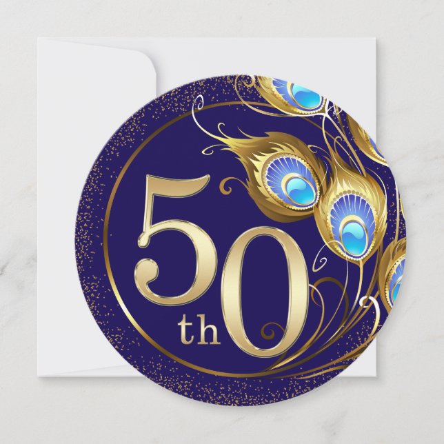 Påfågelsfjädrar 50-års diamantbröllopsjubileum inbjudningar (Framsida)
