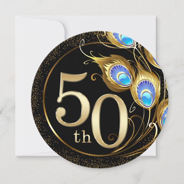 Påfågelsfjädrar 50-års diamantbröllopsjubileum inbjudningar (Framsida)