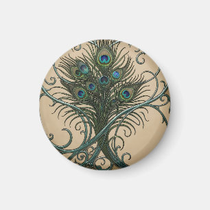 Påfågelsfjädrar Art Nouveau Utbroderad Teal Ram Magnet