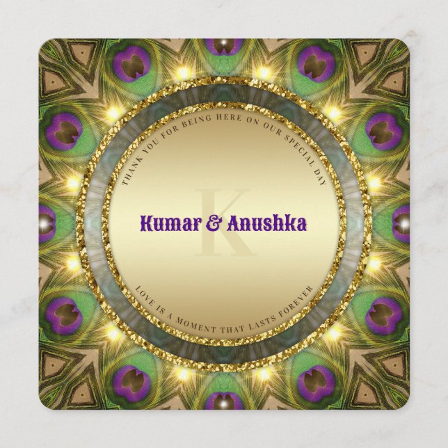 Påfågelsfjädrar Guld Glans Indisk Bröllopsinbjudan Program (Framsida)