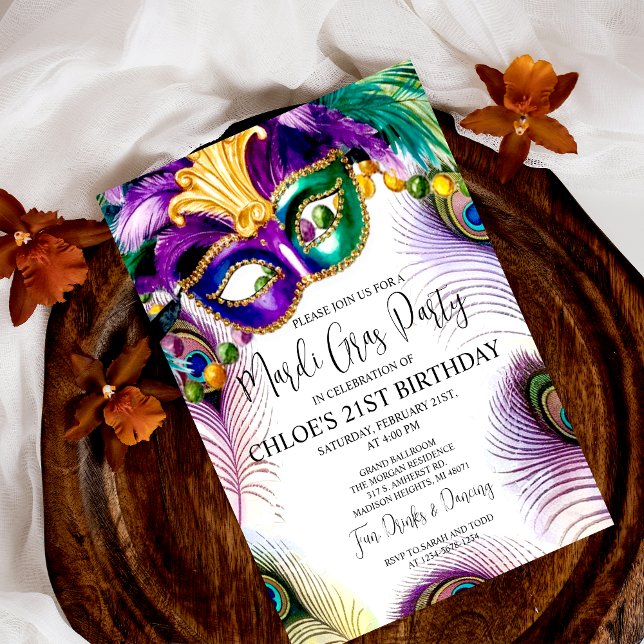 Påfågelsfjädrar Mask Mardi Gras Maskerad Fest Inbjudningar (Skapare uppladdad)