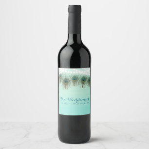 Påfågelsfjädrar & Strängljus Rustik Fest Vin Vinflaska Etikett