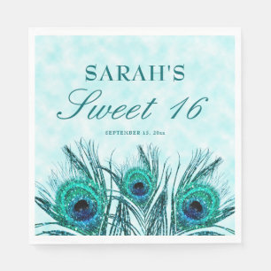 Påfågelsfjädrar Sweet 16 Glittriga fjädrar Pappersservett