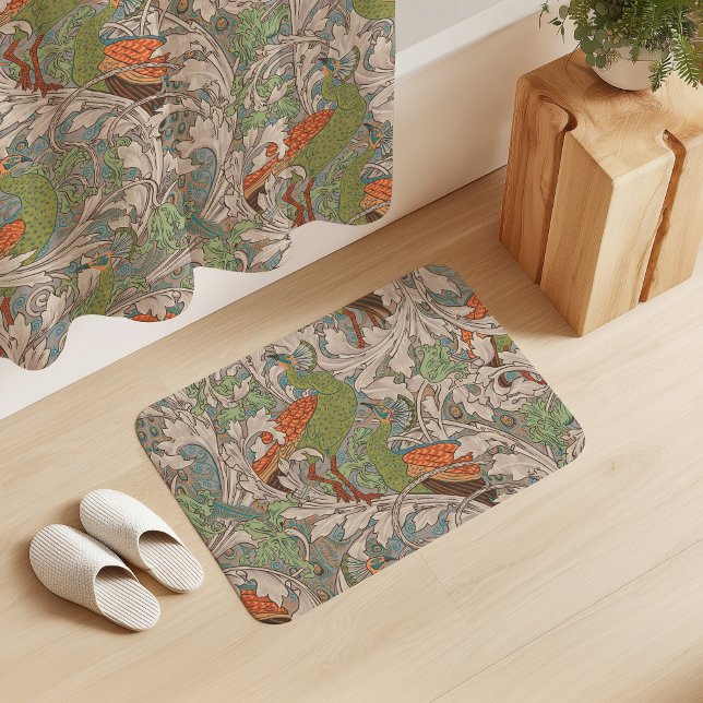 Påfågelsgård i orange grön teal beige badrumsmatta (Skapare uppladdad)