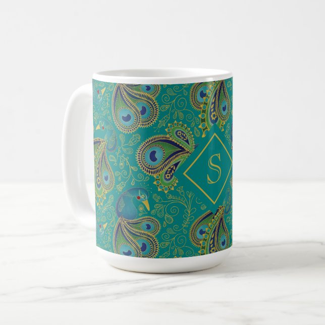 Påfågelspaisley Royal Teal Monogram Kaffemugg (Framsida vänster)