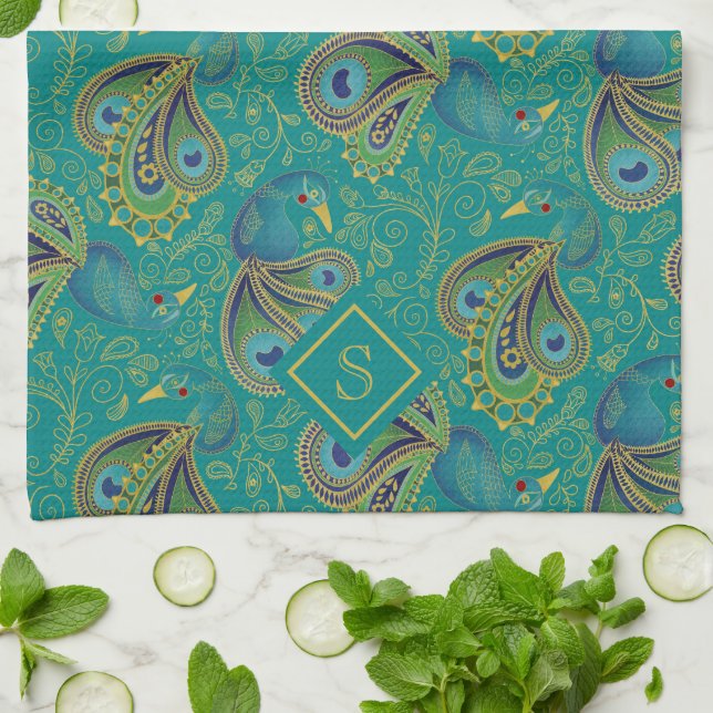 Påfågelspaisley Royal Teal Monogram Kökshandduk (Vikta)