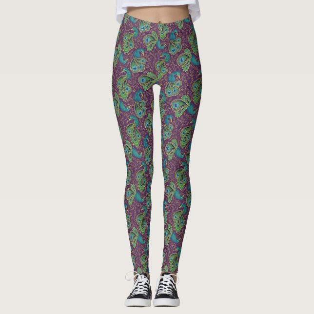 Påfågelspaisleymönster Lila Leggings (Framsida)