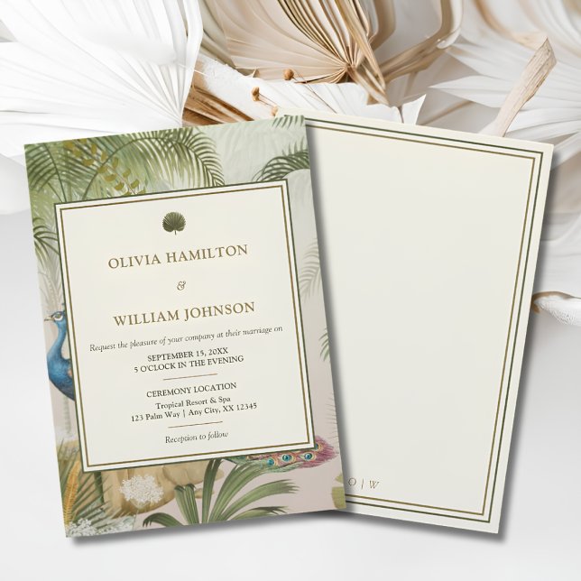 Påfågelspalm Bröllopsinbjudan Inbjudningar (Peacock Palm wedding invitation with an ivory double-border back and personalized initials)