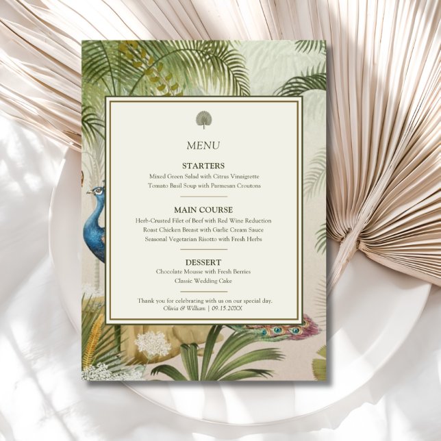 Påfågelspalm Bröllopsmeny Meny (Peacock Palm wedding menu with personalized courses, names and date for a tropical reception)