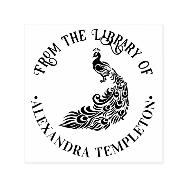 Påfågelssilhuett #4 “Från bibliotek av” Namn  Självfärgande Stämpel (Design)