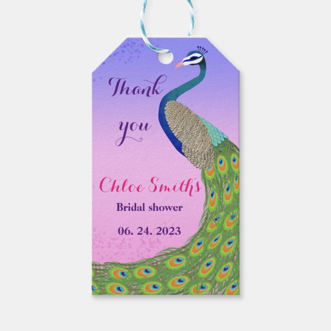 Påfågelstemat rosa blå färg bröllopsdusch presentetikett (Framsidan)