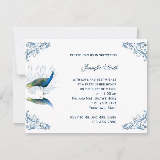 Påfågelträdgård i blåttinbjudningskort för inbjudningar (Framsida)