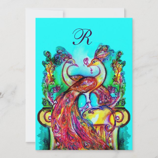 PÅFÅGLAR I KÄRLEK MONOGRAM röd turkos blå grön gul Inbjudningar (Framsida)