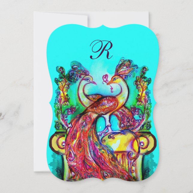 PÅFÅGLAR I KÄRLEK MONOGRAM Röda Turkos Blå Grön Inbjudningar (Framsida)