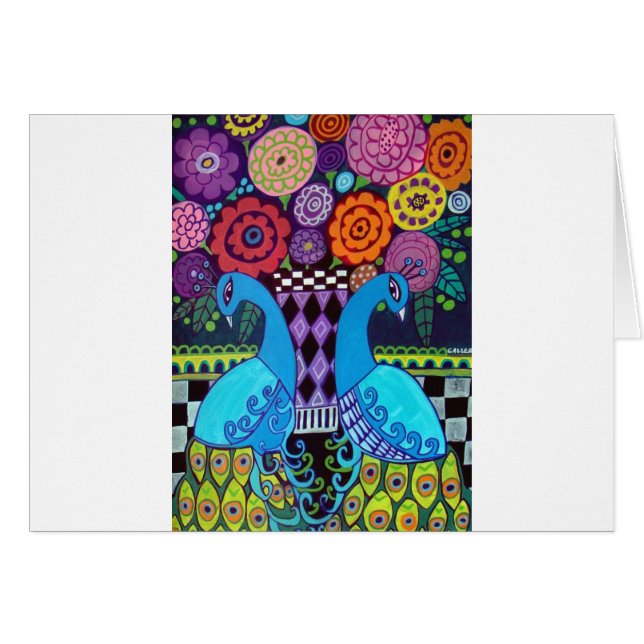 Påfåglar med blommakonst vid ljung Galler Hälsningskort (Framsidan Horizontal)