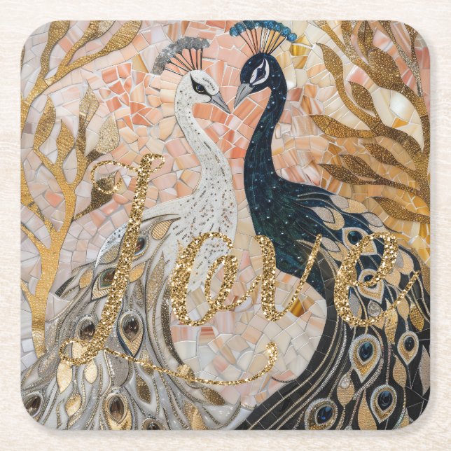 Påfåglars Guld Glitter Kärlek Rodnad Ros  Underlägg Papper Kvadrat (Framsidan)