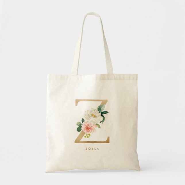 Påfågros Blommig Bokstav Z Guld Monogram Brudtärna Tygkasse (Framsidan)