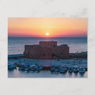 Pafos slott vid solnedgång, drönarvy vykort