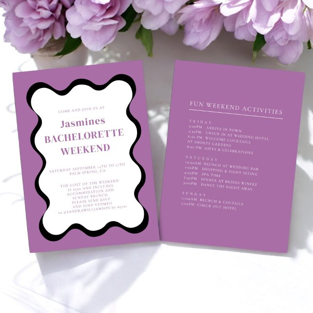 påfylls med Modern roligt-bachelorette-inbjudan Inbjudningar (purple and black wave retro bachelorette weekend invitation )