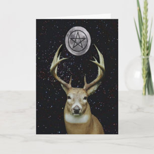 Pagan fullvuxen hankronhjort, måne och Pentacle Helgkort