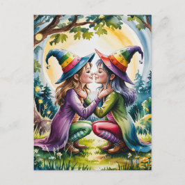 Pagan Lesbisk Witches in Rainbow Witch Hats Vykort